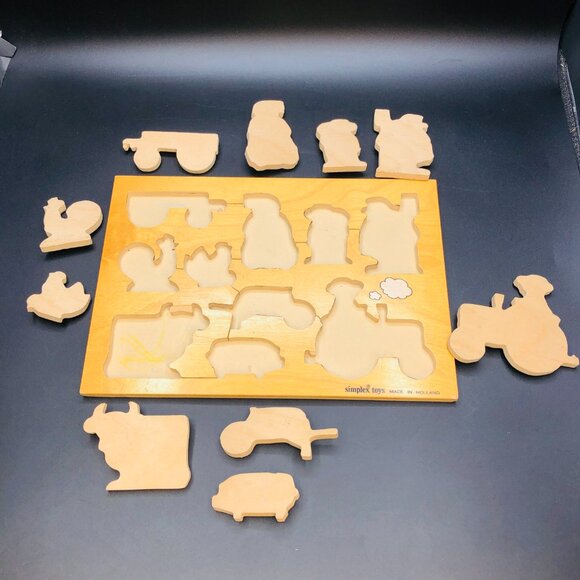 Vintage 70s SIMPLEX TOYS Wood Tray Puzzle: Farmer & Animals, Made in Holland - Picture 3 of 10